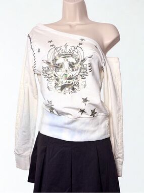 Parasuco Off-Shoulder Graphic Sweatshirt Top Laceup Details